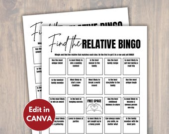 Family Reunion Printable Bingo Game, Family Reunion Bingo Editable, Find the Guest Bingo, Icebreaker Game, Team Building Activity