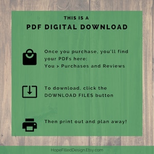 May include: Green background with white text that reads "THIS IS A PDF DIGITAL DOWNLOAD".  There are three icons with instructions on how to download and print the digital file.  The text reads "Once you purchase, you'll find your PDFs here: You > Purchases and Reviews. To download, click the DOWNLOAD FILES button. Then print out and plan away! HopeFilledDesign.Etsy.com"