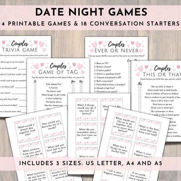 Printable Date Night, Couples Games, Adult Games, Date Night Ideas,  Date Night Cards, Date Night Games, Games for Couples, A4, A5