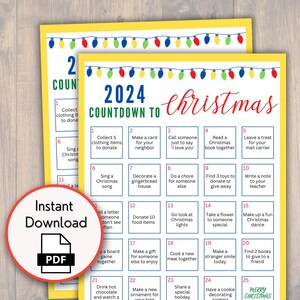 Può includere: Un calendario dell'avvento stampabile giallo con 25 caselle numerate. Ogni casella contiene un'attività diversa a tema natalizio da svolgere ogni giorno fino a Natale. Il calendario è decorato con una ghirlanda di luci natalizie colorate.