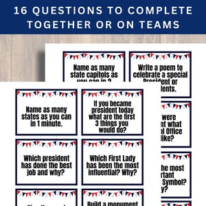 May include: A printable set of 16 cards with questions about US presidents and first ladies. The cards have a red, white, and blue color scheme with a banner design.