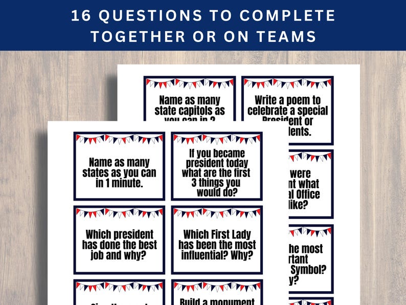 May include: A printable set of 16 cards with questions about US presidents and first ladies. The cards have a red, white, and blue color scheme with a banner design.