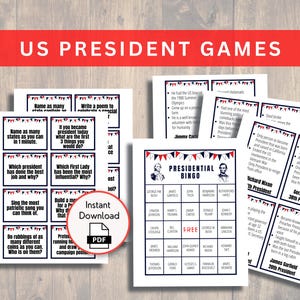 May include: A set of printable US President games. The games include bingo, trivia, and other activities. The games are designed to be fun and educational for kids and adults.