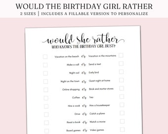 Editable Would She Rather Birthday Party Game, How well do you know the birthday girl, Birthday Queen,  Fillable PDF, Digital Download