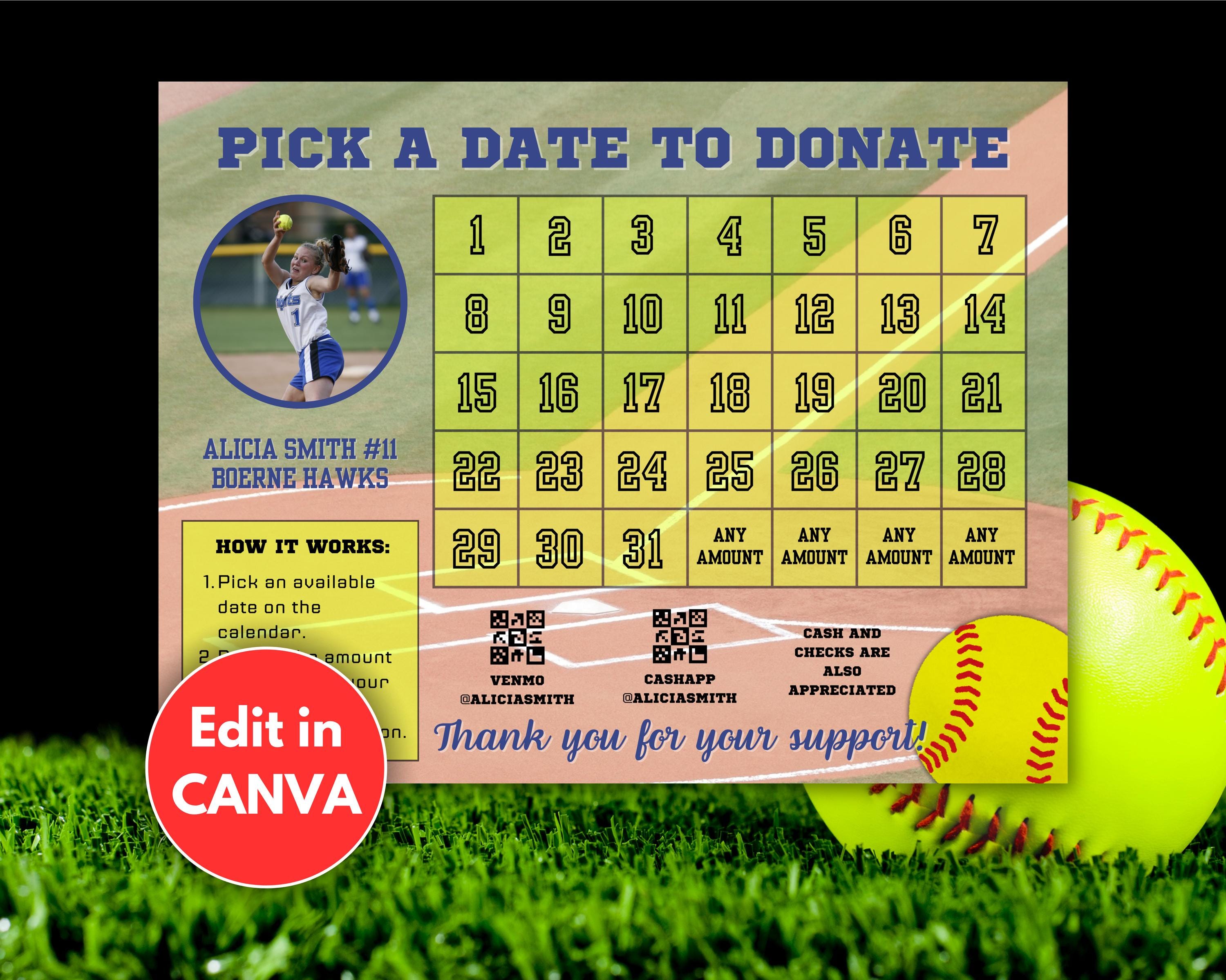 Editable Softball Fundraiser, Softball Fundraiser Template, Black Out My Board, Sponsor My Season, Softball Fundraising Calendar, Black Out