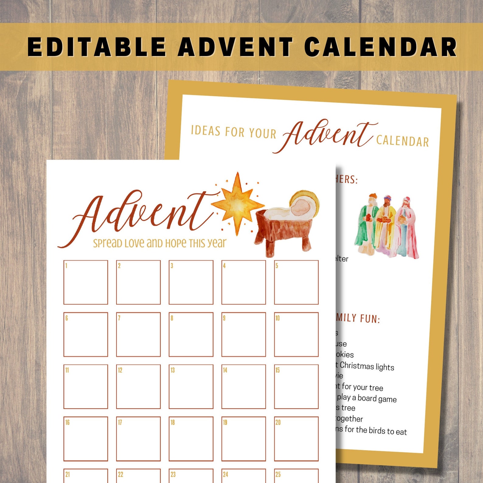 Editable Advent Calendar Printable, Christmas Countdown, Family