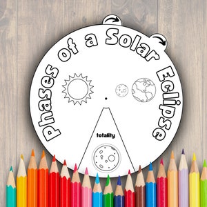 May include: A black and white printable solar eclipse wheel with the text "Phases of a Solar Eclipse" and "totality".