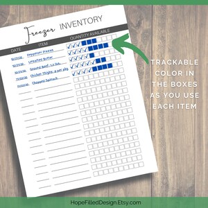 May include: A printable freezer inventory checklist with a list of items and a grid of boxes to colour in as you use each item. The items listed include pepperoni pizzas, unsalted butter, ground beef, chicken thighs, and chopped spinach.