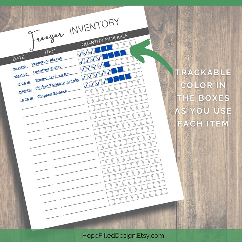 May include: A printable freezer inventory checklist with a list of items and a grid of boxes to colour in as you use each item. The items listed include pepperoni pizzas, unsalted butter, ground beef, chicken thighs, and chopped spinach.