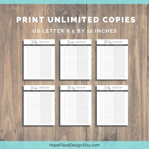 May include: Six printable inventory lists for fridge, freezer, and pantry. Each list has columns for date, item, and quantity available. The lists are designed for US Letter size paper, 8.5 by 11 inches.