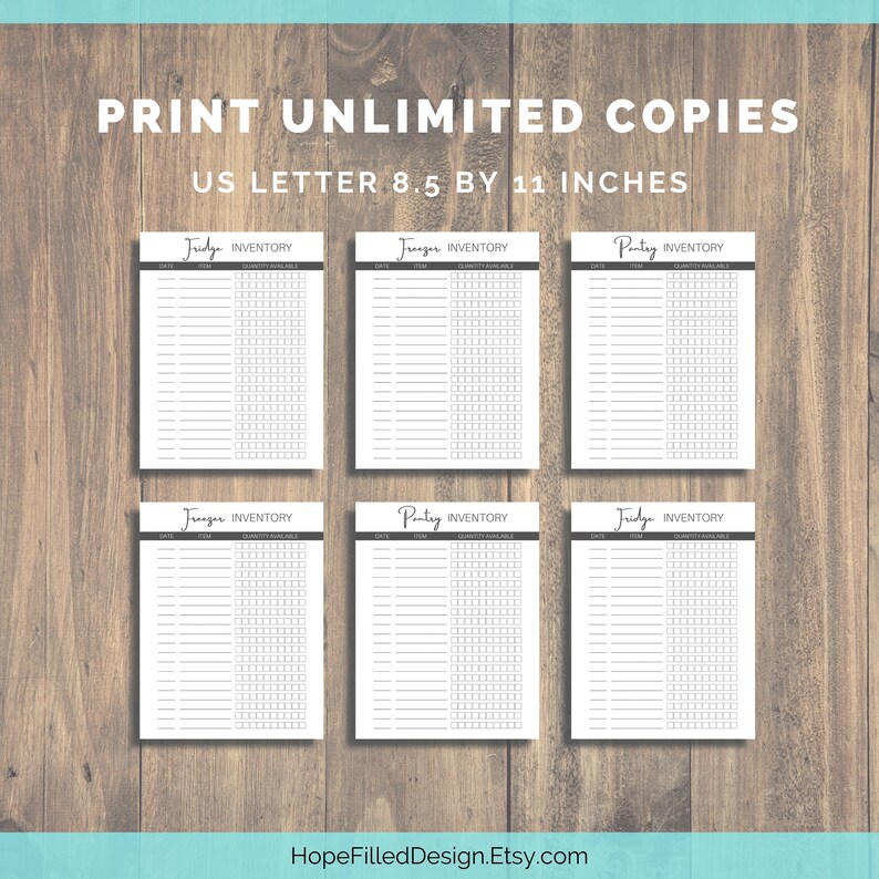 May include: Six printable inventory lists for fridge, freezer, and pantry. Each list has columns for date, item, and quantity available. The lists are designed for US Letter size paper, 8.5 by 11 inches.