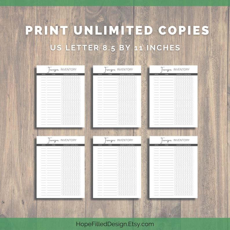 May include: Six printable freezer inventory lists in black and white. Each list has columns for date, item, and quantity available. The lists are designed for A4 paper, 21.59 by 27.94 cm.