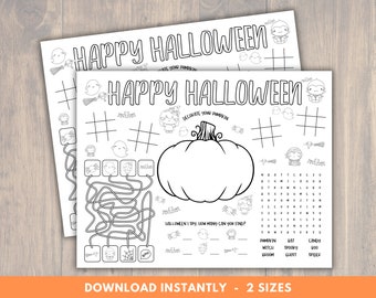 Printable Halloween Placemats for Kids, Halloween Activities, Halloween Party Game, Halloween Craft, Coloring Pages for Kids Classroom Party