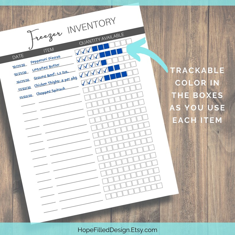 May include: A printable freezer inventory tracker with a list of items and a grid of squares to color in as you use each item. The items listed include pepperoni pizzas, unsalted butter, ground beef, chicken thighs, and chopped spinach.