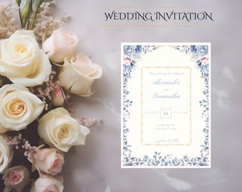 Floral Blue & Gold Wedding Invitation Template (Printable)