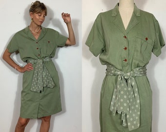 1980’s khaki dress, Vintage dress, Shirt dress, Safari dress, Jungle dress, Mountain dress, Hike dress, Summer dress.