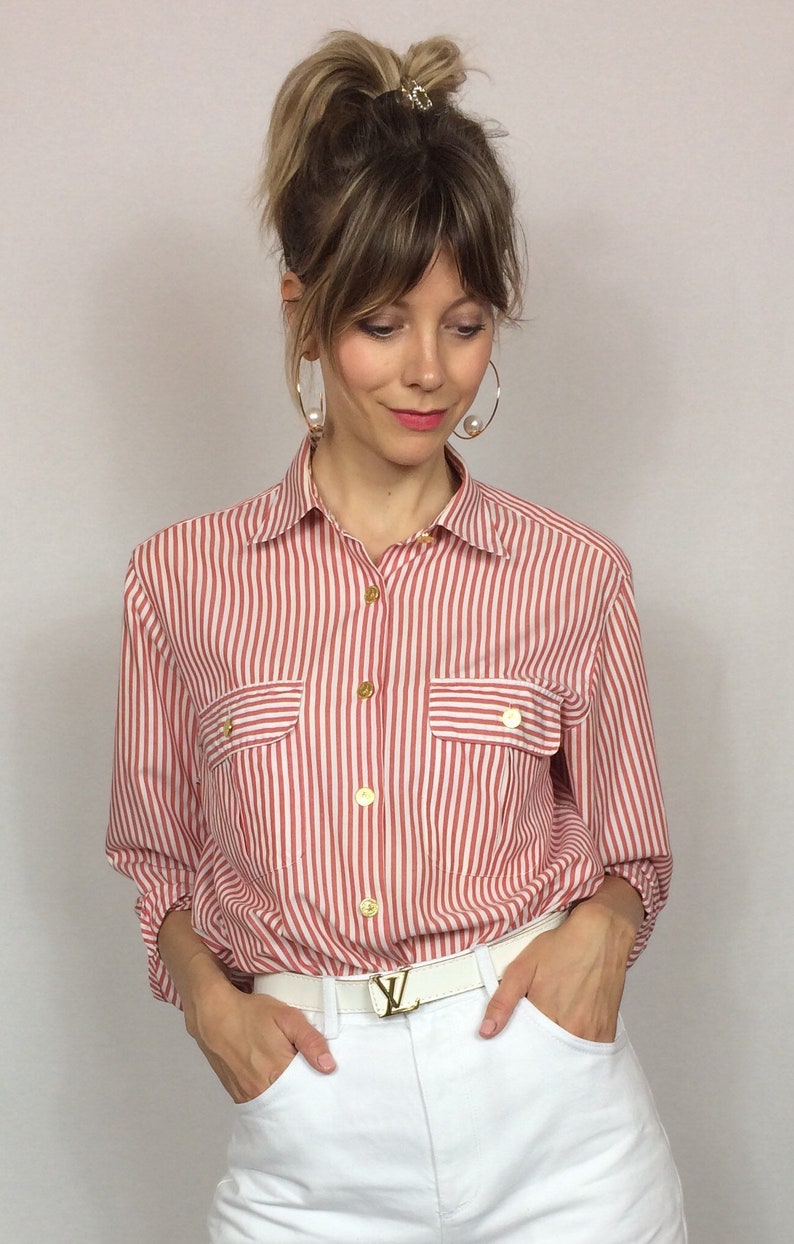 1990/'s striped shirt Boyfriend shirt Navy Summer blouse Cotton blouse.