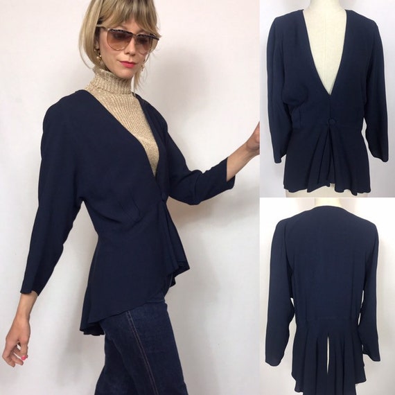 1970's dark blue assymetrical blouse, Vintage blou