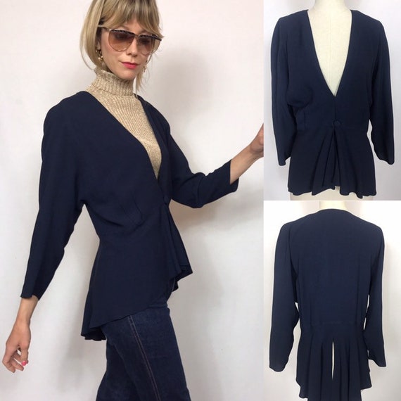 1970's dark blue assymetrical blouse, Vintage blo… - image 1