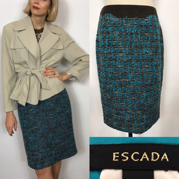 ESCADA tweed and suede skirt, Designer skirt, Wool