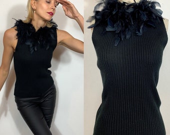 1990s feather rib knit top, Vintage top, Party top, Knit wear, New Year’s Eve top.