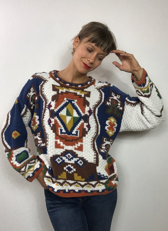 Vintage Ikat hand knit sweater, Cotton sweater, Et