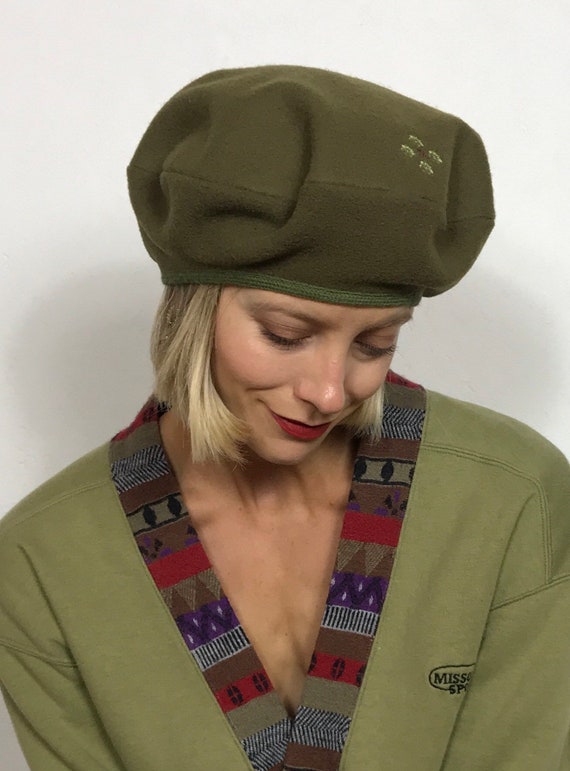 1990’s wool beret, Vintage beret, Military green … - image 3