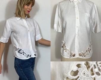 1990s linen blouse, Lace blouse, Sangallo blouse, Linen shirt, Short sleeved shirt, Summer blouse.