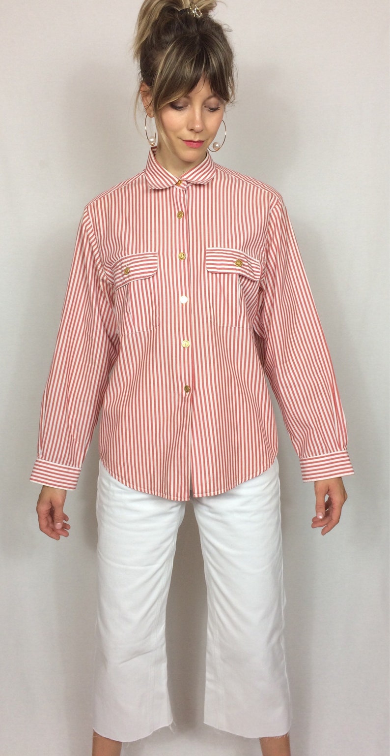 1990/'s striped shirt Boyfriend shirt Navy Summer blouse Cotton blouse.