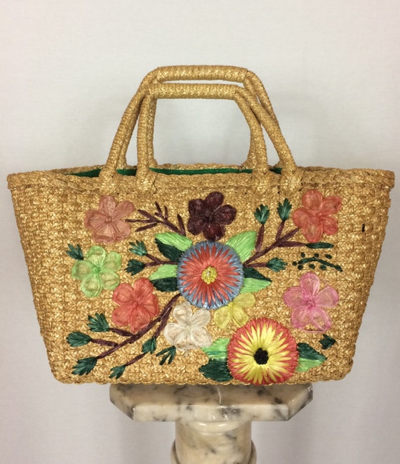 1960's floral wicker basket, Decorated wicker bag,