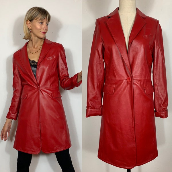 Veste en cuir rouge des années 1990, manteau en cuir vintage, manteau rouge, manteau en cuir véritable, manteau d'automne.
