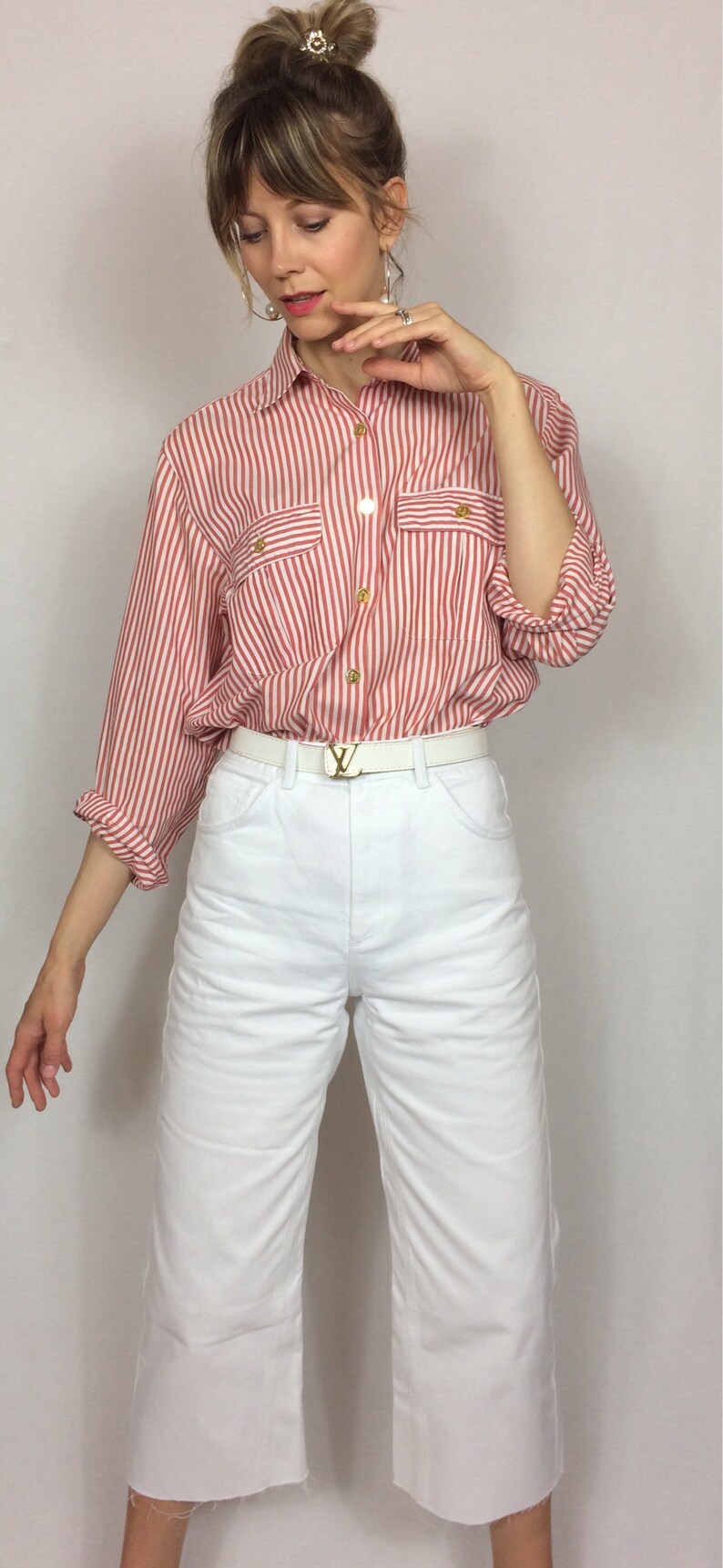 1990/'s striped shirt Boyfriend shirt Navy Summer blouse Cotton blouse.