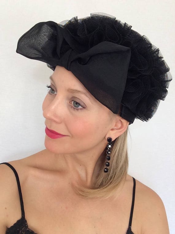 1950's cocktail hat, Black hat with bow, Party ha… - image 7