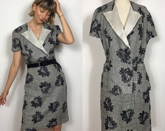 1980’s skirt and short sleeved blazer linen suit, Vintage suit, Female suit, Linen dress, Summer suit, Linen suit, Black and white dress.