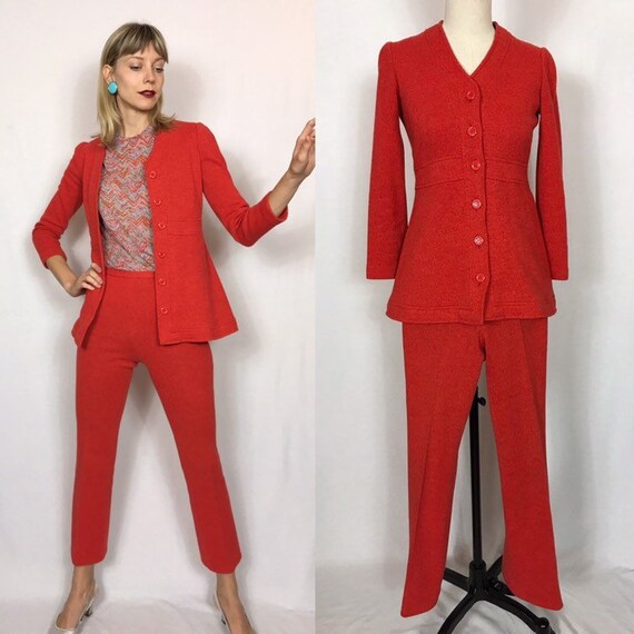 1970's wool suit, Flared pants and jacket, Orange