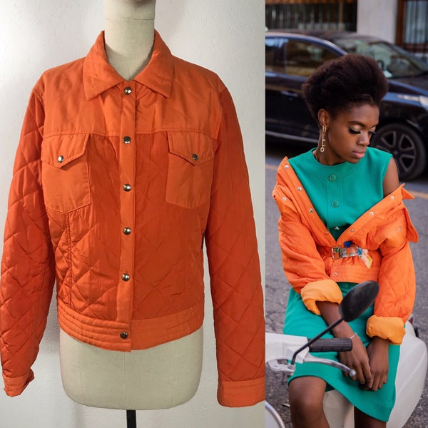 1990s orange puffer jacket, Vintage puffer, Quilted jacket, Autumn jacket, Spring jacket, Worker jacket, Grunge jacket, Hipster jacket.