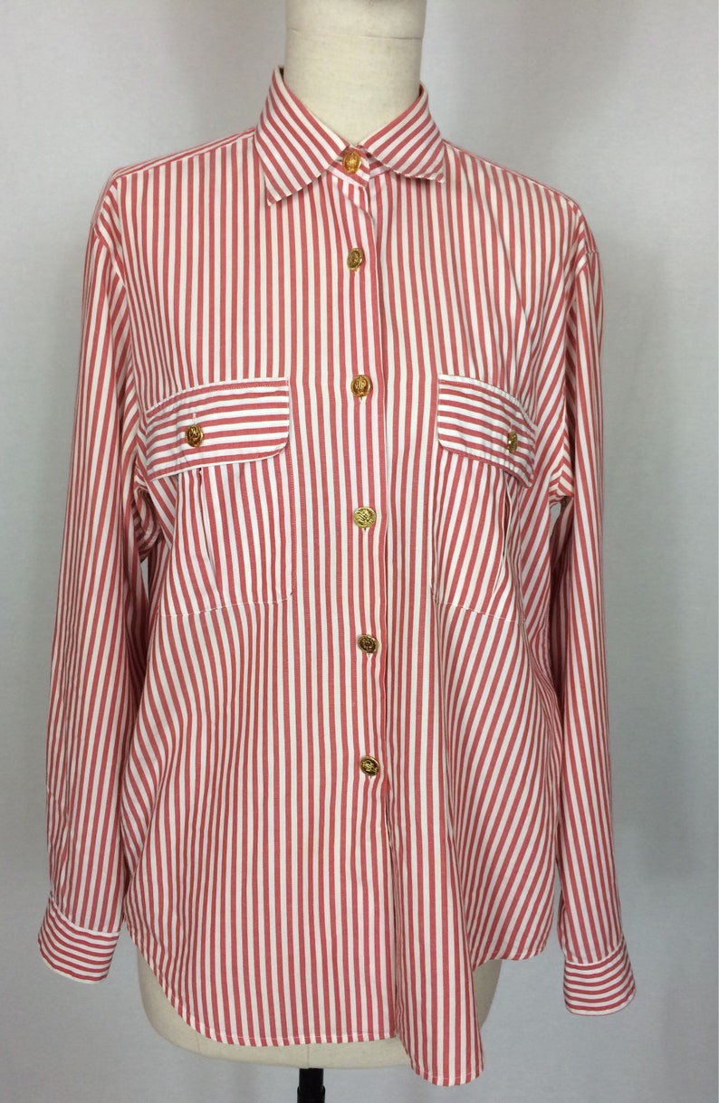 1990/'s striped shirt Boyfriend shirt Navy Summer blouse Cotton blouse.
