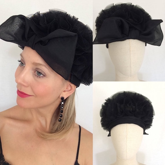 1950's cocktail hat, Black hat with bow, Party hat