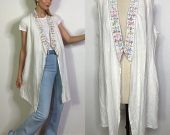 Gilet tunique en lin, tunique bohème, gilet hippie, gilet long de style années 1970, caftan en lin, tunique orientale, gilet long, tunique de style Ibiza, tunique d'été.