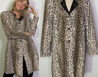 1990’s faux fur coat, Vintage coat, Designer coat, Leopard coat, Spotted coat, Fall coat, A-line coat, Duster coat.