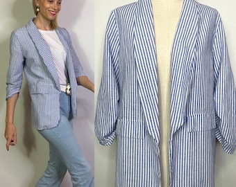 Oxford stripe blazer, Summer blazer, Light blazer, Striped blazer, Seaside blazer, Vacation clothing, Linen blazer.