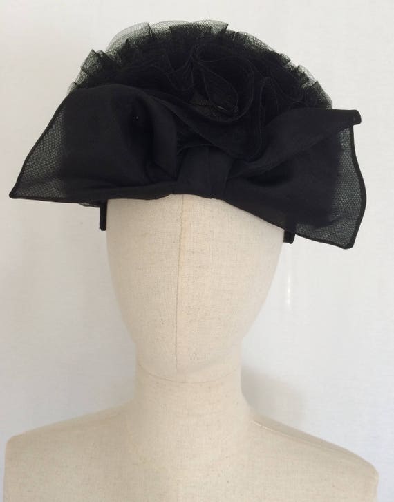 1950's cocktail hat, Black hat with bow, Party ha… - image 8