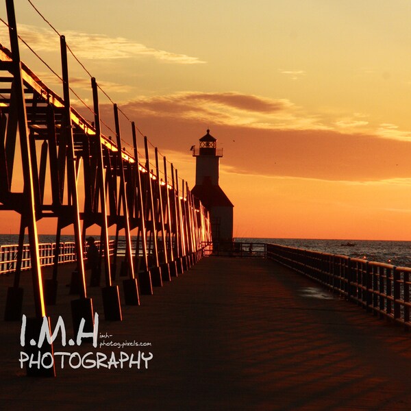 St. Joseph North Pier Lighthouse 1, St. Joseph, Michigan, Lake Michigan,, Sunset, Color Photograph, 4x6, 5x7, 8x10, 11x14