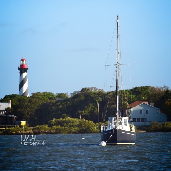 Boat and Light (St. Augustine) - Lighthouse - Florida- SeaScape - Atlantic Ocean- Photograph, 4x6, 5x7, 8x10, 11x14, Black & White Pics