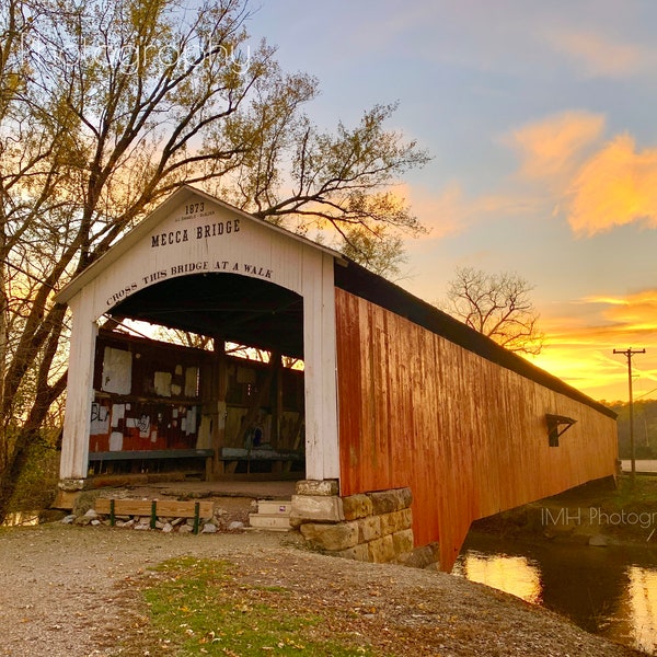 Covered Bridge At Sunset - Parke County, Indiana, Mecca Bridge, Sunset, Creek, Midwest - Photography, Photograph- 4x6, 5x7, 8x10, 11x14