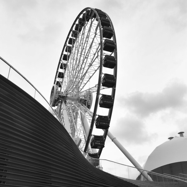 Pier Wheel - Illinois, Navy Pier, Lines, Black and White, Chicago - Photography, Photograph- 4x6, 5x7, 8x10, 11x14
