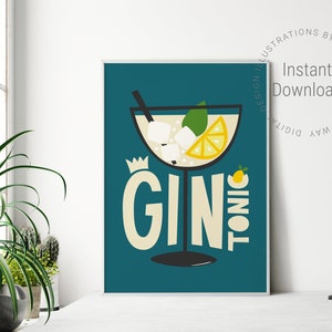 GIN TONIC // Affiche imprimable, Carte de vœux, Mid Century, Boisson, Cuisine, Salle à manger, Bar, Cocktail, Rétro, Cadeau, Téléchargement instantané