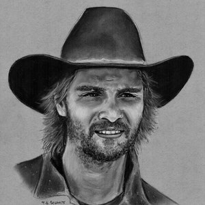 May include: Black and white pencil drawing of a man with a beard wearing a cowboy hat. The man is smiling and looking at the viewer. The drawing is signed "T.A. Schmitt © 2018" and "Hellbent Designs".