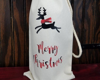 Decorative Wine Bag -Flying Reindeer- personalized wine bag, wine bag, bar decor, canvas bag, gift, Christmas gift, hostess gift