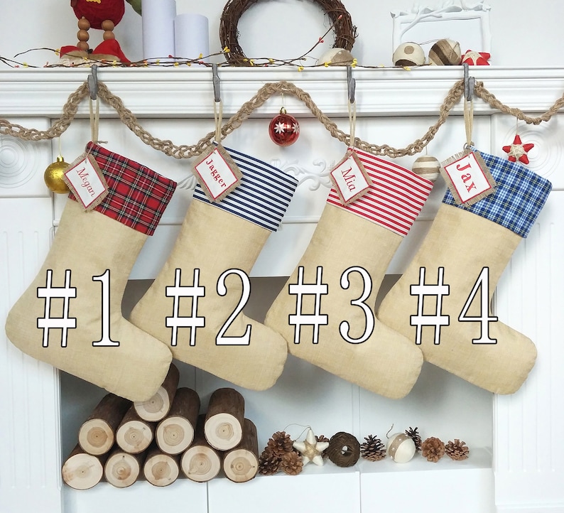 Personalized Christmas Stockings Plaid Stripe Solid Burlap